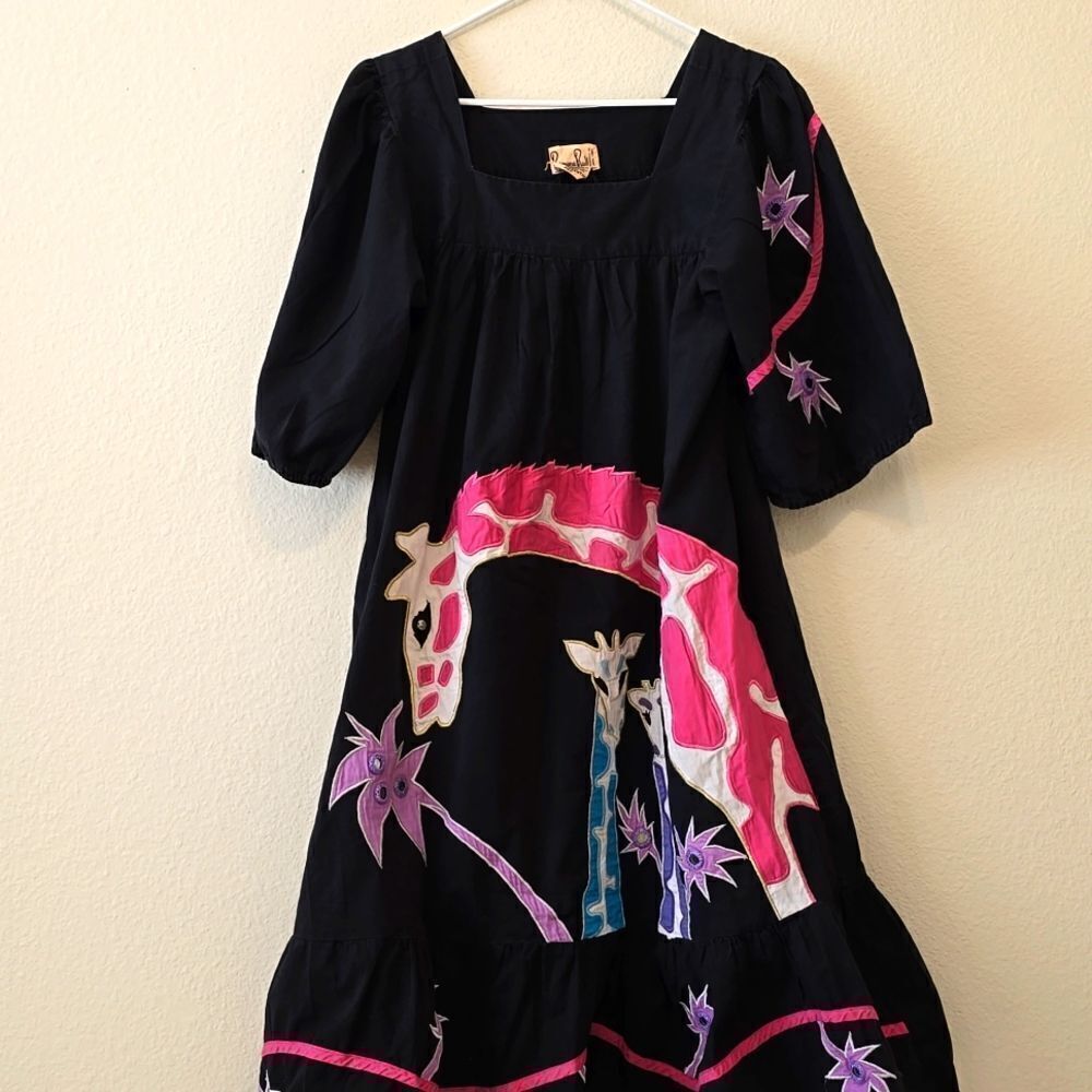 VINTAGE Ramona Rull Black Cotton Patchwork giraffe Appliqué Mumu Midi Tent Dress